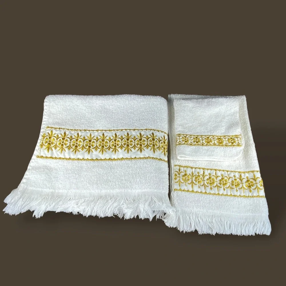 Cannon Royal Family Towels White Gold Floral Bath Set Vintage 1970s